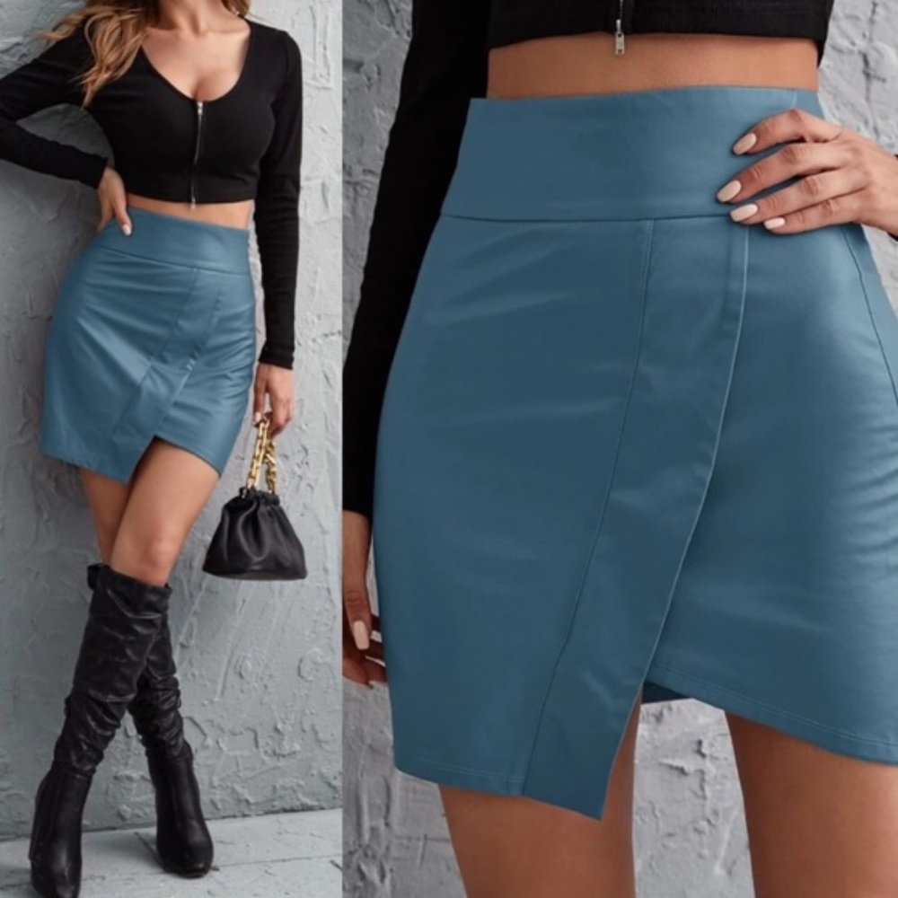 Red Asymmetrical Wide Waist Vegan Leather Bodycon Skirt - Picture 2 of 12